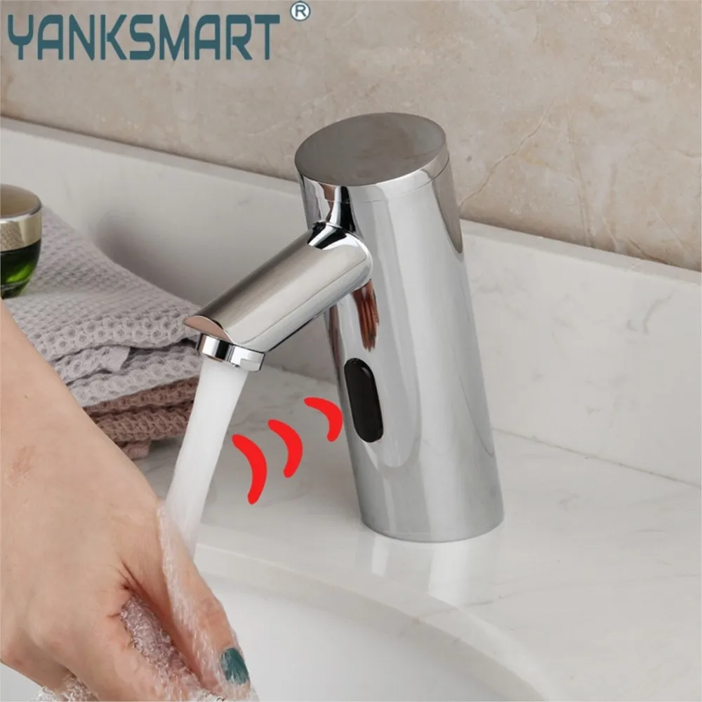 

YANKSMART Bathroom Sink Induction Faucet Brass No Handle Tap Deck Mounted Spray Basin Faucet Chrome Sensor Water Mixer Tap