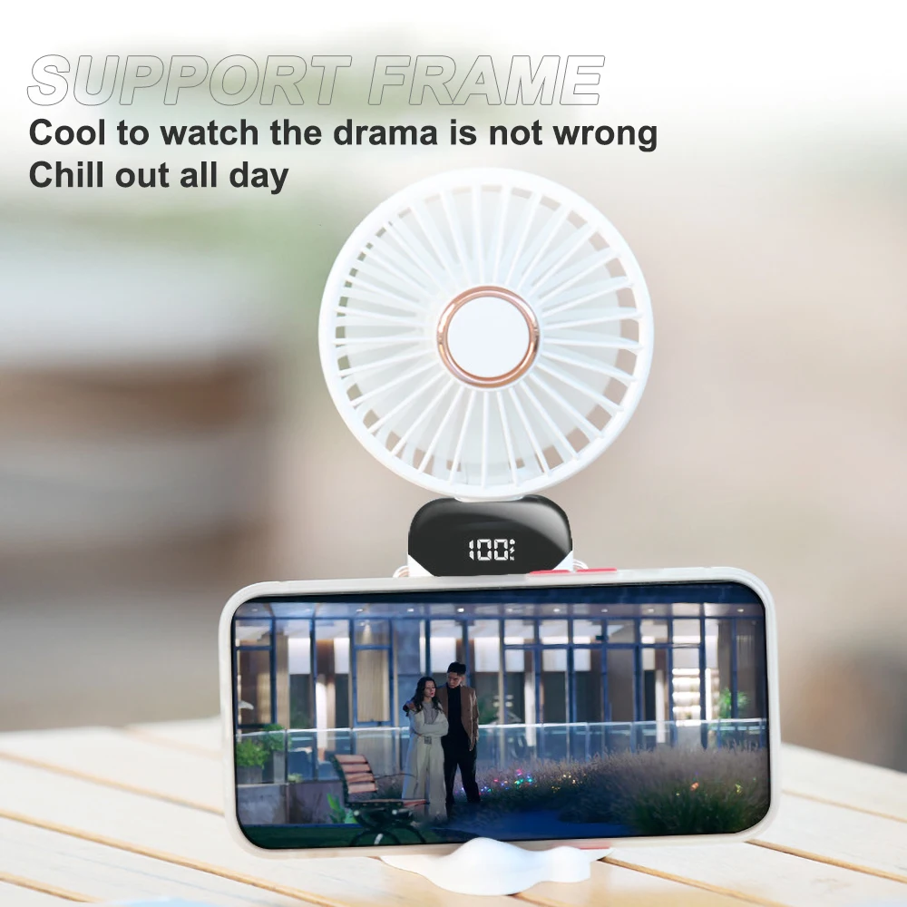 Mini Portable Fan USB Charging Lazy Fan Led Light Display Small Desk Fan Outdoor Camping Home Air Condition Handheld Fan 5 Speed