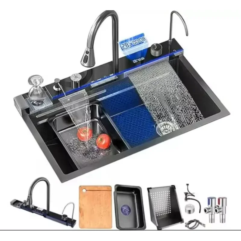 FY Black Honeycomb Apron Front Large Single Bowl Stainless Steel Kitchen Sink with Waterfall Faucet Modern Smart For Home