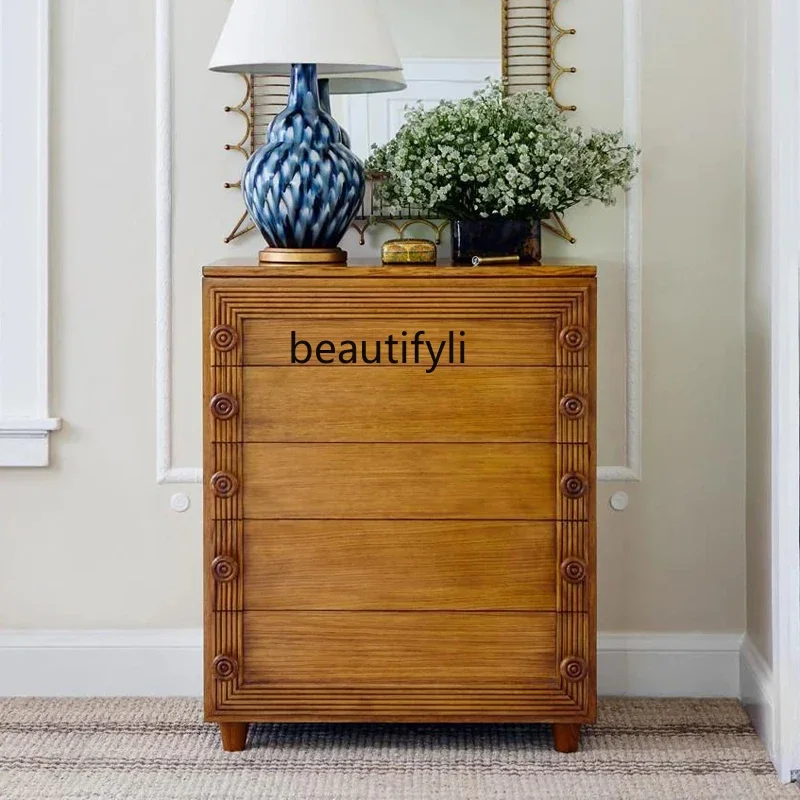 

a26 French retro solid wood chest cabinet American medieval drawer porch locker black bedroom storage