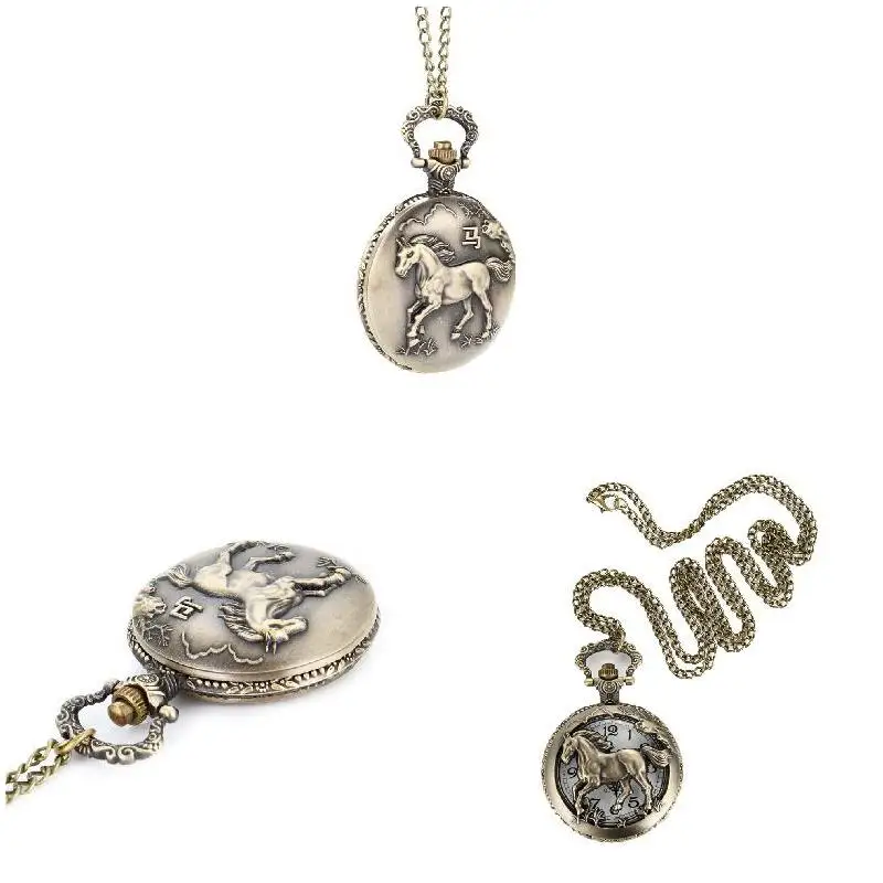 Vintage Horse Non-hollow Carved Quartz Pocket Watch Clock Fob With Chain Pendants Necklace Gifts Retro Pattern Pocket Watch