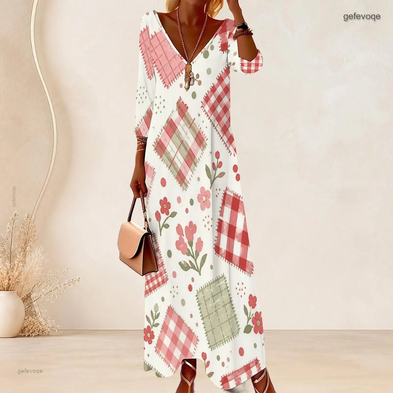 Women V Neck 3/4 Sleeve Long Dress, Pink Red Green Gingham Floral Patchwork Print