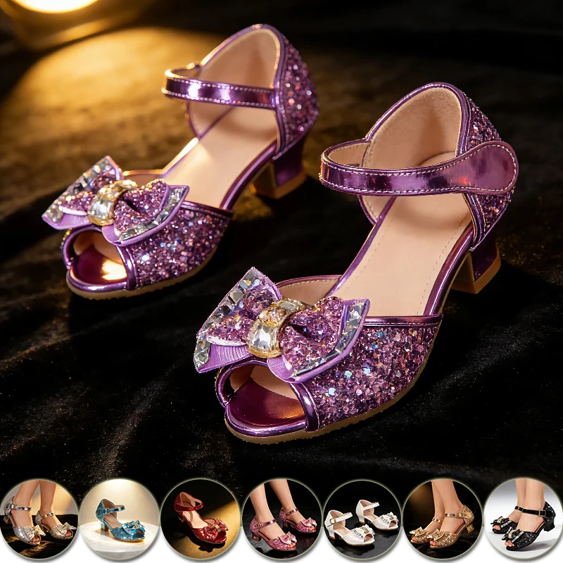 

Великолепные детские босоножки на каблуке с открытым носком, сверкающие с бантом из стразов, элегантная обувь для девочек на день рождения, торжественная обувь