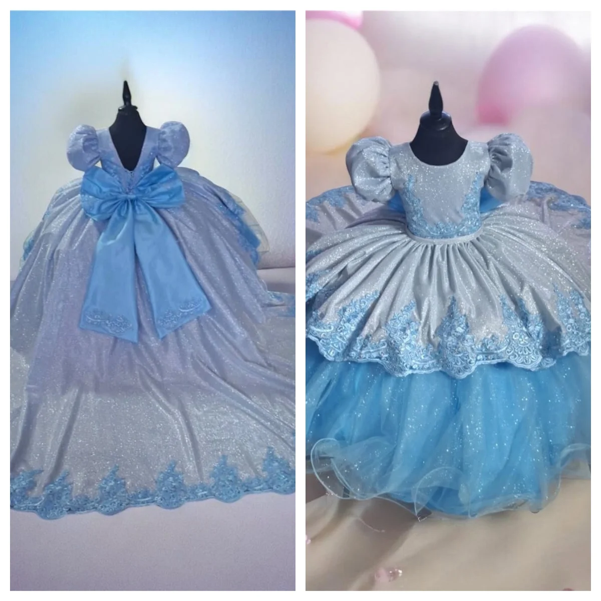 Sparkling Customized Flower Girl Dress For Wedding Tulle Puffy With Bow Short Sleeve Kids Birthday Party First Communion Gowns