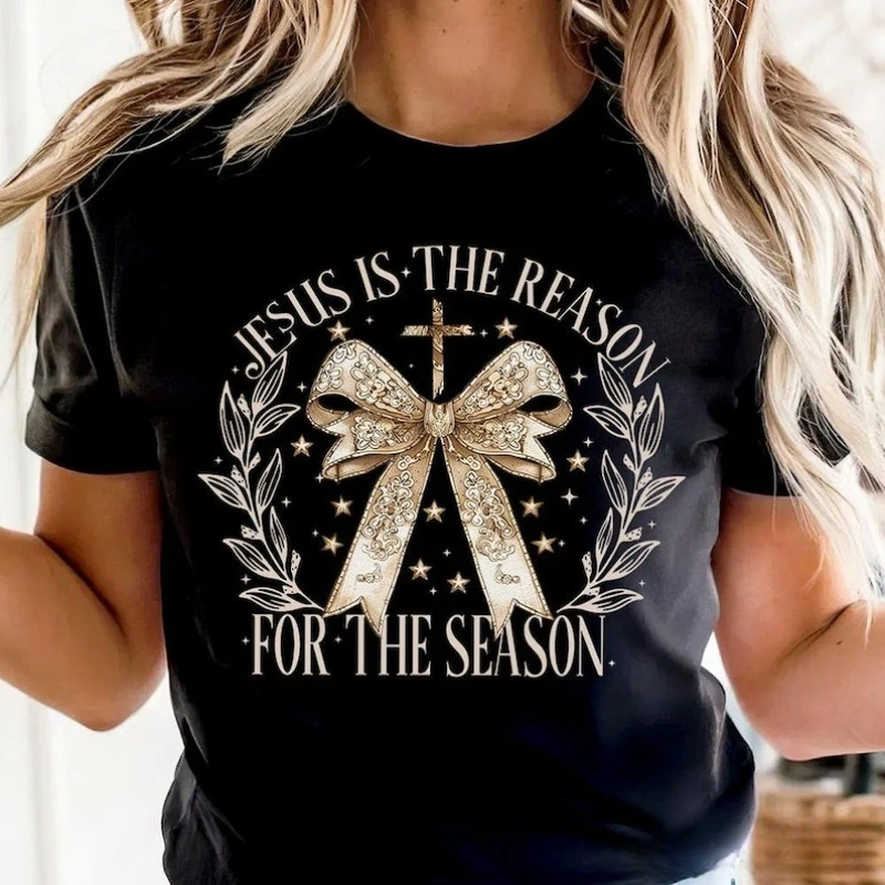 Jesus Is The Reason Christmas Cotton T‑Shirt Coquette Gold Bow Cross Tee for Faithful Graphic T Shirts Y2k Top Women Clothing