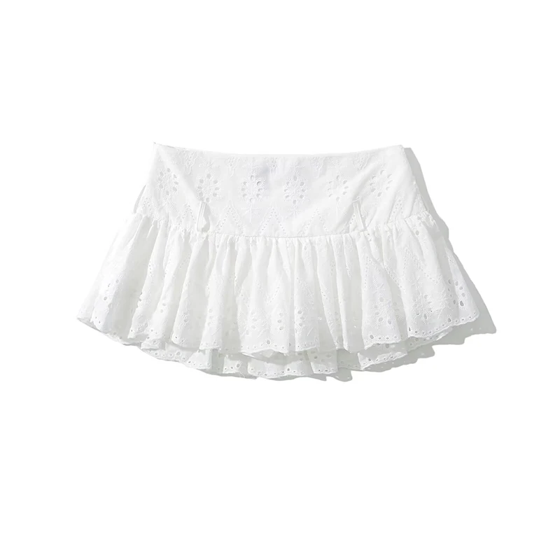 

YENKYE Cool Girl Hollow Out Embroidery White Mini Skirt For Women Sexy Low Waist Summer Skirts With Shorts Lining