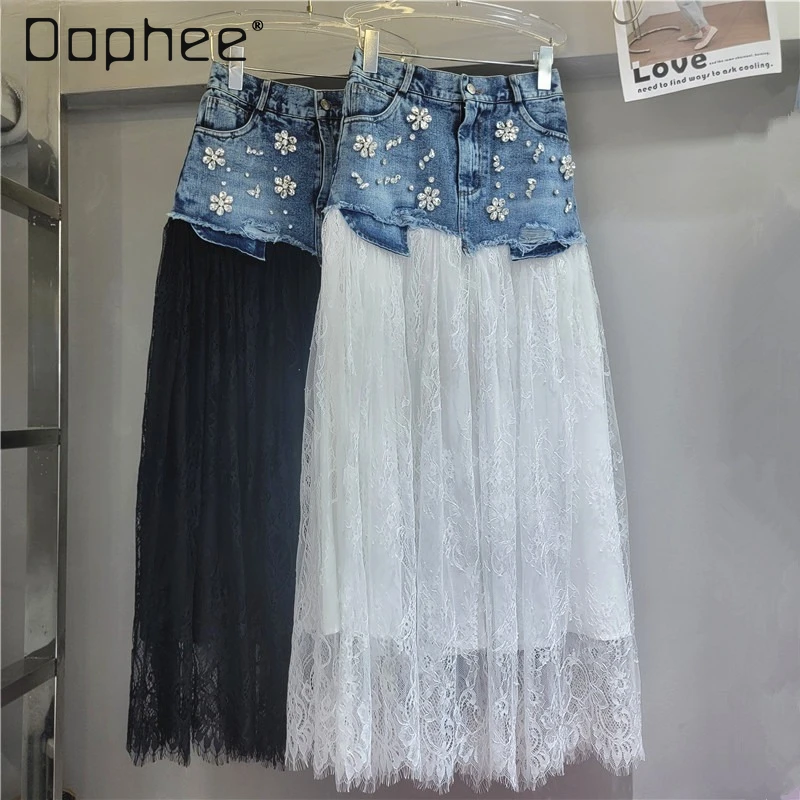 

Heavy Industry Diamond Lace Splicing Denim Skirt Women's 2026 Summer High Waist Irregular A-line Long Skirt