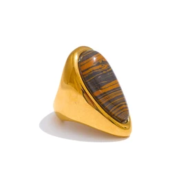 Yhpup Fashion Stainless Steel Natural Tiger Stone Golden Ring 18K Gold PVD Plated Statement Charm Finger Jewelry Accessories