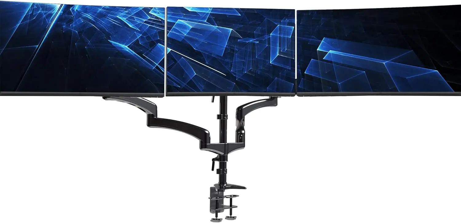 Triple Pneumatic Monitor Mount for 3 Screens up to 32 inches, Heavy Duty Desk Stand with C-Clamp, Fully Adjustable, Black