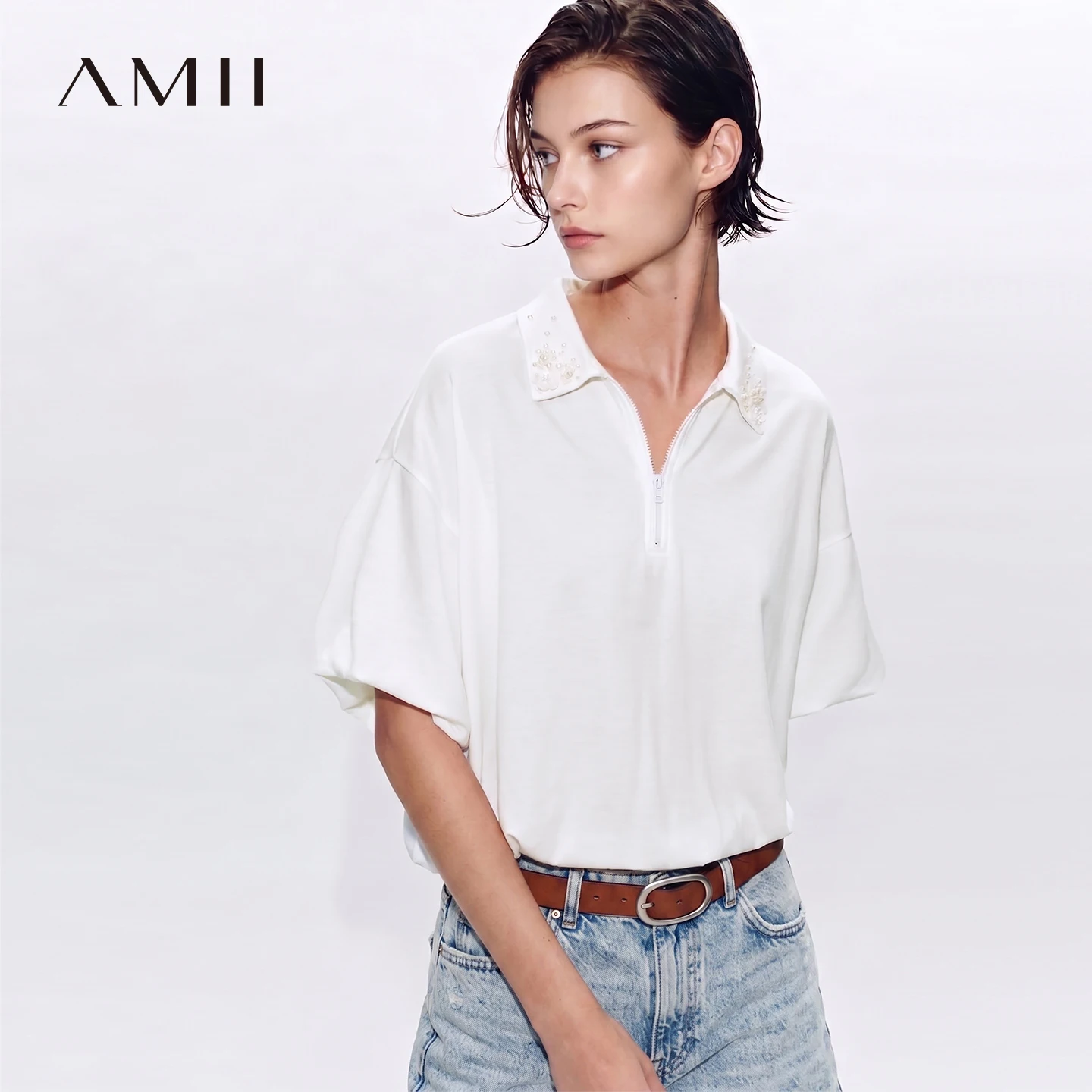 Amii Women's T-Shirt 2026 Summer New Lapel Collar Beaded Zip Drop Shoulder Cotton Tee Casual Short Sleeve Top For Women 12622097