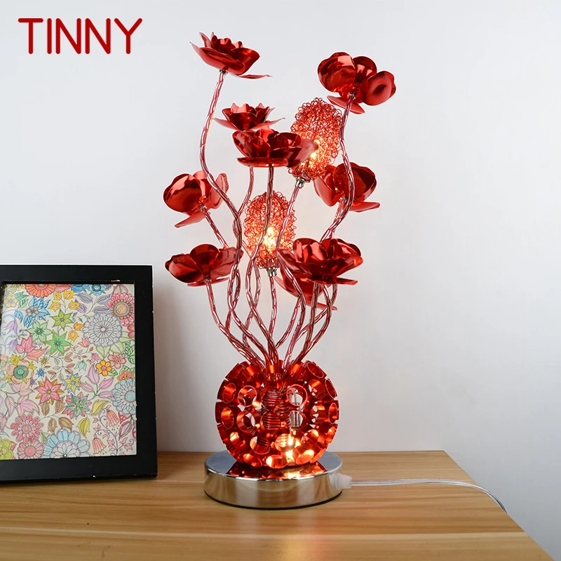 TINNY Modern Red Table Lamp Fashionable Art Flower Iiving Room Bedroom Wedding LED Originality Aluminum Wire Desk Light