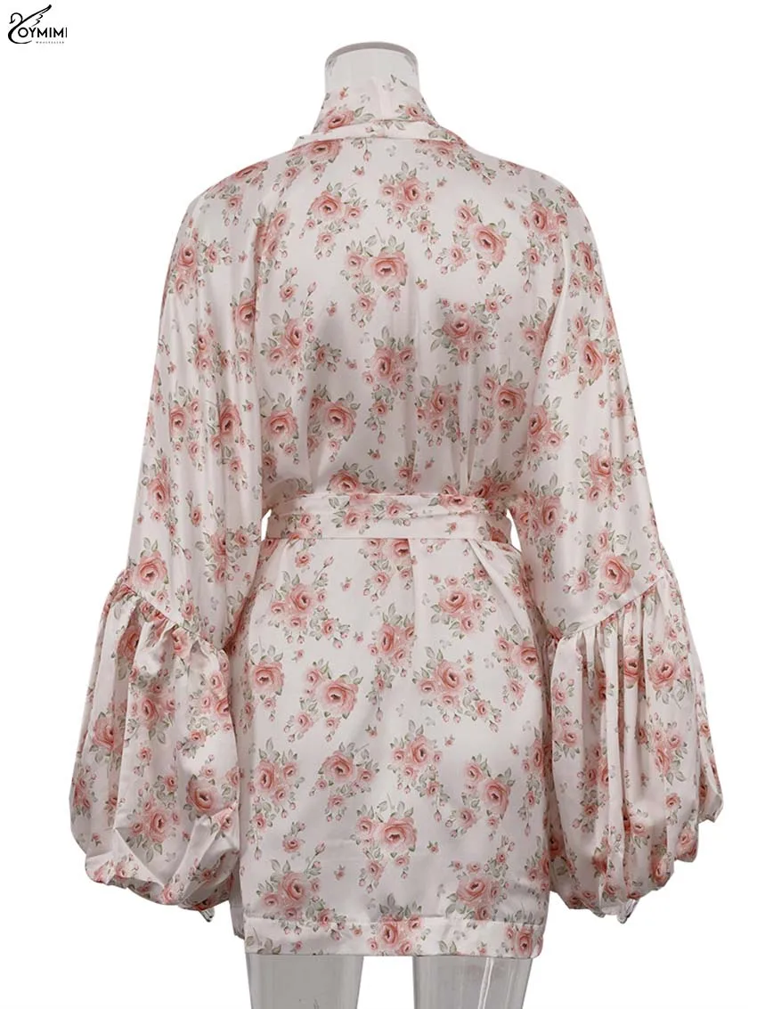 Oymimi Elegant Pink Print Women's Dress Fashion V-Neck Puff Sleeve Loose Dresses Casual New Lace-Up Mini Dresses Female Clothing