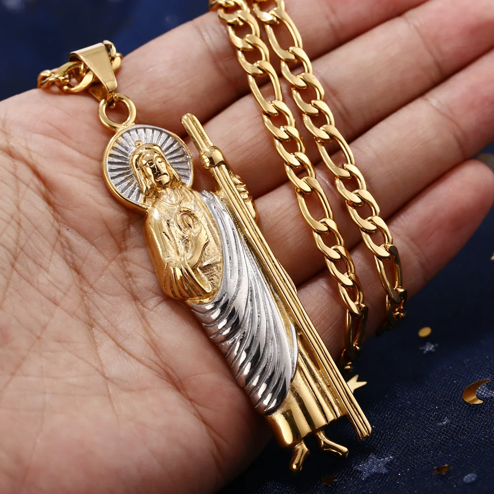 2pcs/lot Stainless Steel 63mm/81mm Jude Thaddeus Pray Religious Charm Necklace Jesus Crucifix Bible Prayer Christian For Gifts