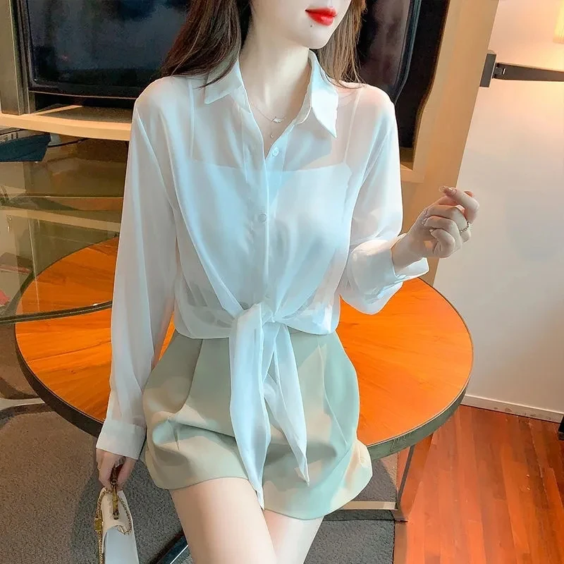 Chiffon Lace Up Sun Proof Blouse Women Sweet Long Sleeve Thin Casual Shirt Summer Elegant Loose Lady Turn Down Collar Short Tops