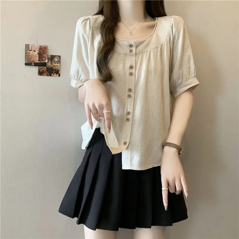 Kemeja lengan pendek wanita ukuran besar, warna polos, longgar, menutupi perut, menutupi lemak, menurunkan usia, kerah bulat, model baru musim panas