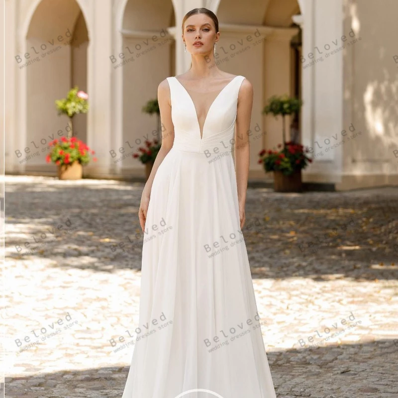 

Elegant Wedding Dresses A-Line Simple Bridal Gowns Satin V-Neck Sleeveless Backless Robes For Formal Party Vestidos De Novia