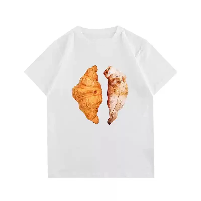 Cute Bread Cat - Pure Cotton Design Print Short-Sleeved T-Shirt for Men and Women - Summer Couple's Clothing