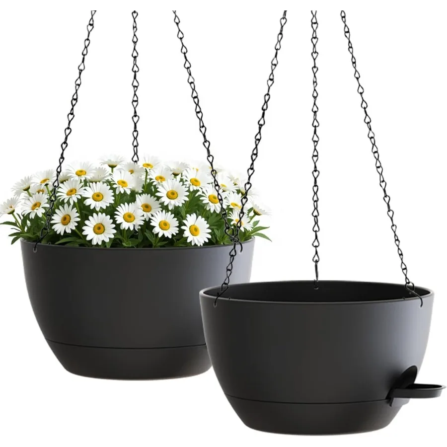

10-дюймовые подвесные горшки с цепями, 2 упаковки, черные пластиковые подвесные горшки для самостоятельного полива, для комнатных и уличных растений, садового крыльца, дома