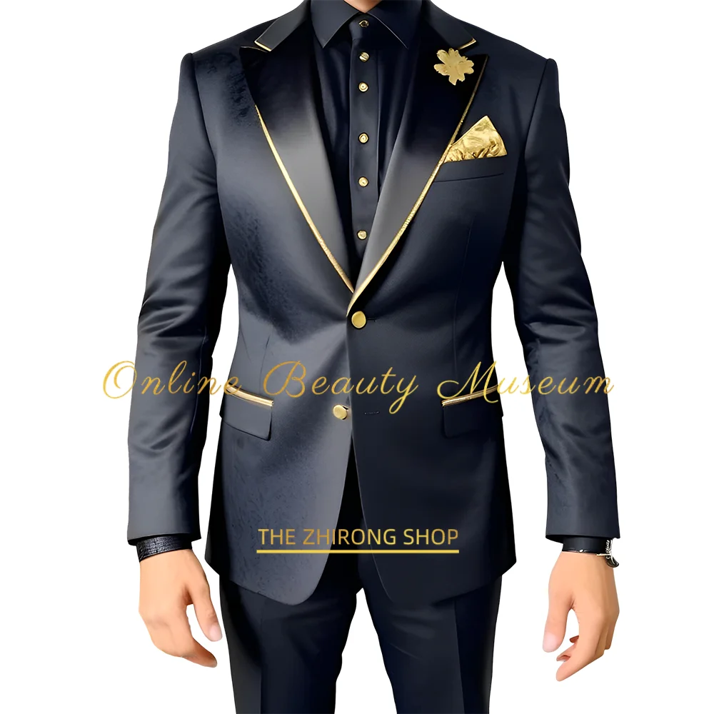 Trajes de hombre de 2 piezas, textura negra de lujo con chaqueta con acento dorado satinado, conjunto de pantalones, atuendo de fiesta de boda, esmoquin a medida para hombres