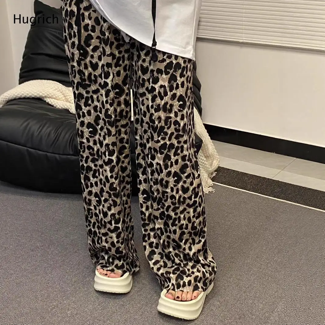 Vintage Leopard Print Wide Leg Casual Pants Elastic Waist Drawstring Trousers for Streetwear and Daily Outfits