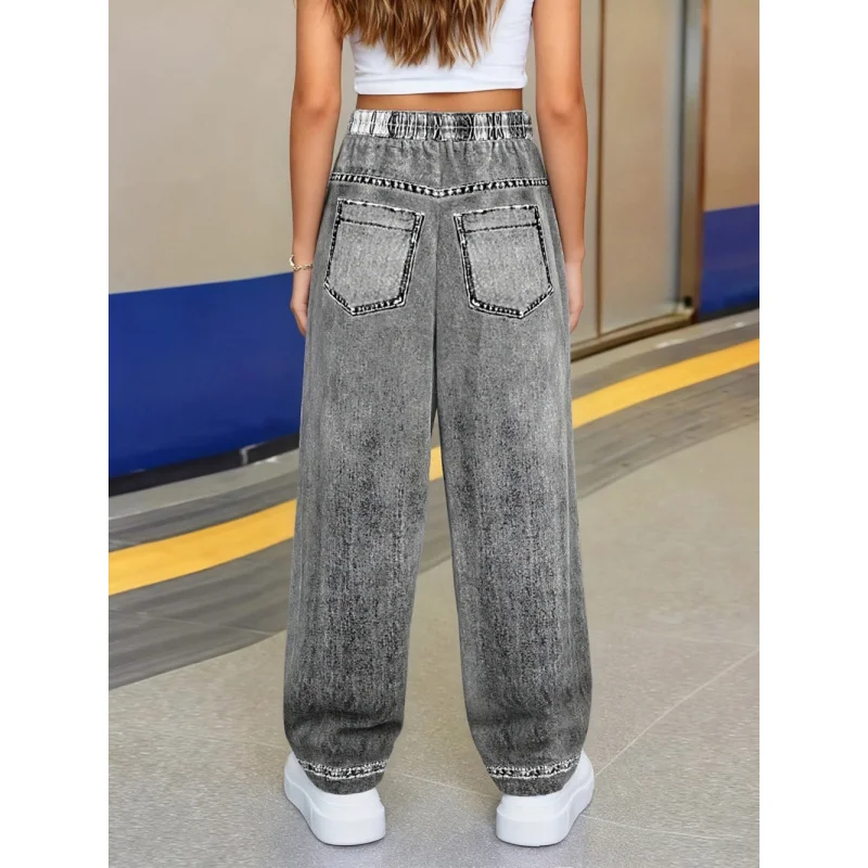 2025Girls' Y2K Ripped Wide-Leg Faux Jeans - IDOL TYPE Graphic Print Ripped Faux Jeans Street Style Clothing