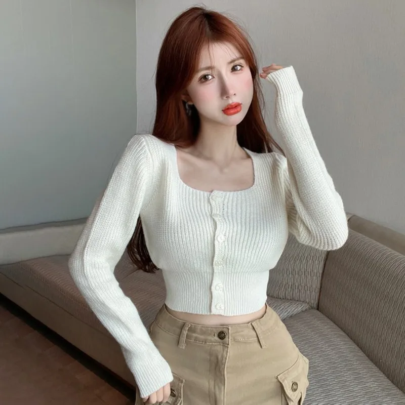 Single-breasted Long Sleeve Square Neck Solid Color Short Top Knitted Air Conditioning Shirt Women\'s Sweater