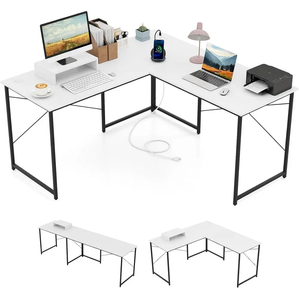

95 Dual-Person L-Shaped Desk with Monitor Shelf and Power Outlets for Home Office or Gaming