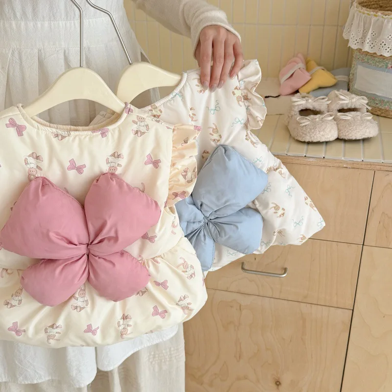 

2025 New Bow Warm Girls Down Cotton Vest Children Thickened Sweet Autumn and Winter Cotton Vest Jacket