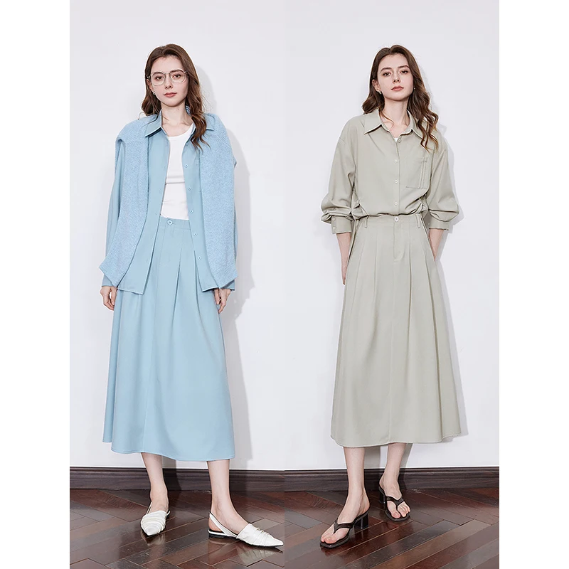 TOYOUTH Women Two Piece Set 2025 Spring New Long Sleeve OL Shirt With Mid Length Skirt Workwear Casual Suits