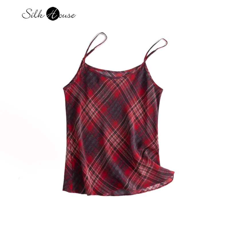Adjustable Shoulder Strap 100% Natural Mulberry Silk Crepe De Chine Slim Fit Versatile Women's Casual Red Grid Short Sling