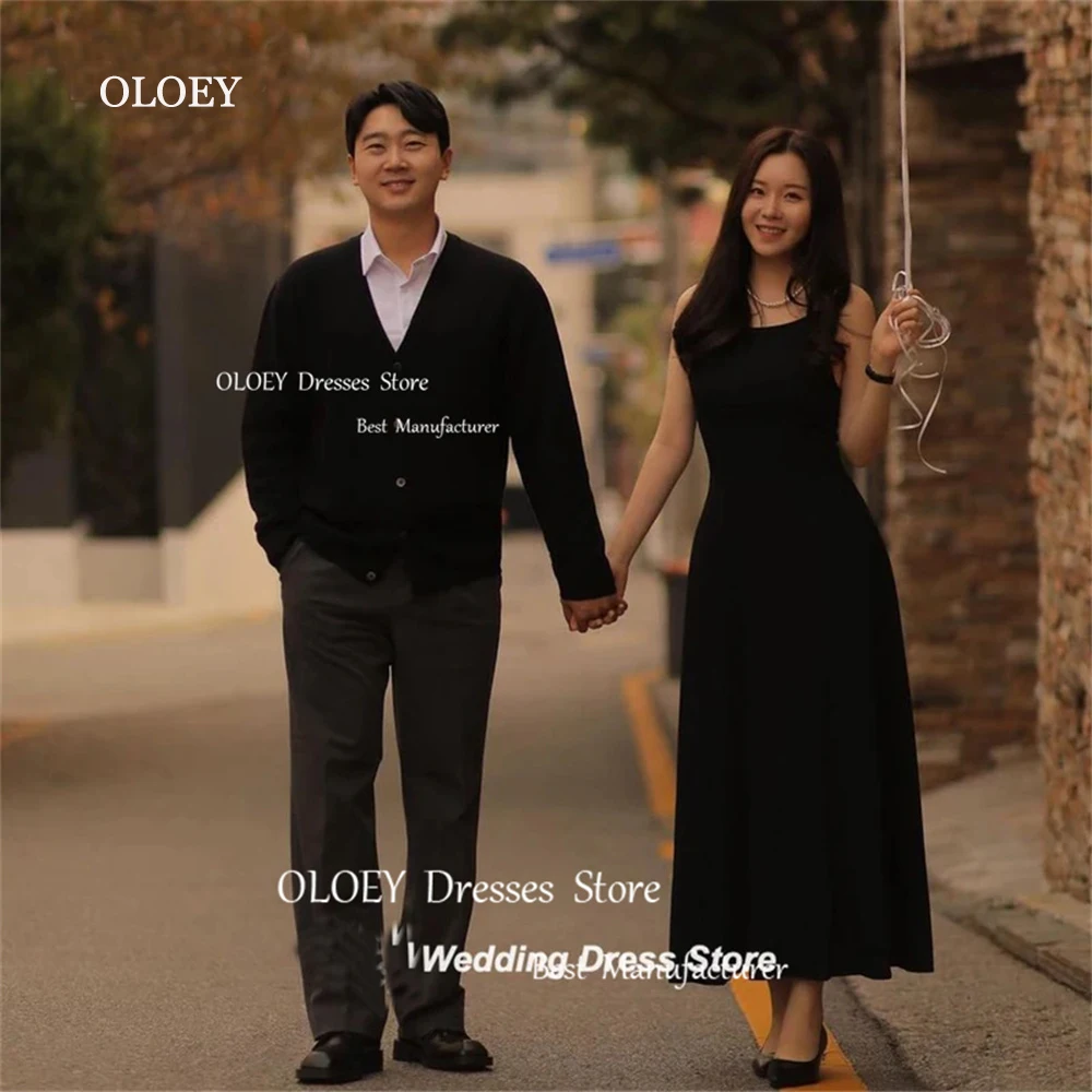 OLOEY Simple Black Prom Dresses Korea Wedding Photoshoot Satin Spaghetti Straps Sleeveless Ankle-Length Evening Dresses Custom