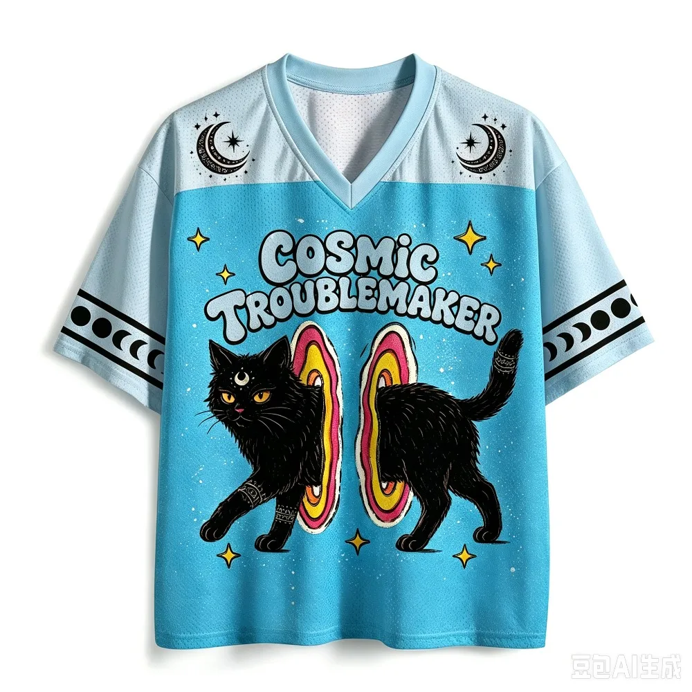 Kosmisches Schwarzes Katzen-Sternmuster 3D-Druck Herren Damen Schnelltrocknendes Sport-T-Shirt mit V-Ausschnitt in Übergröße Outdoor Freizeit Y2K Familien-Shirt – Detail 6
