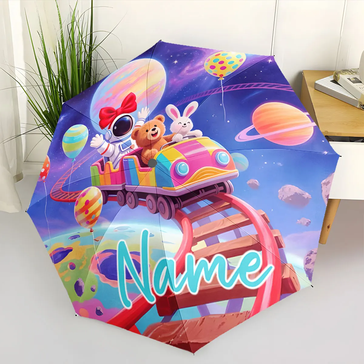 Custom Name Umbrella Fantasy Adventure on Umbrella Ride Print 8 Iron Ribs Folding Umbrella Auto-Open Fashion Sunshade