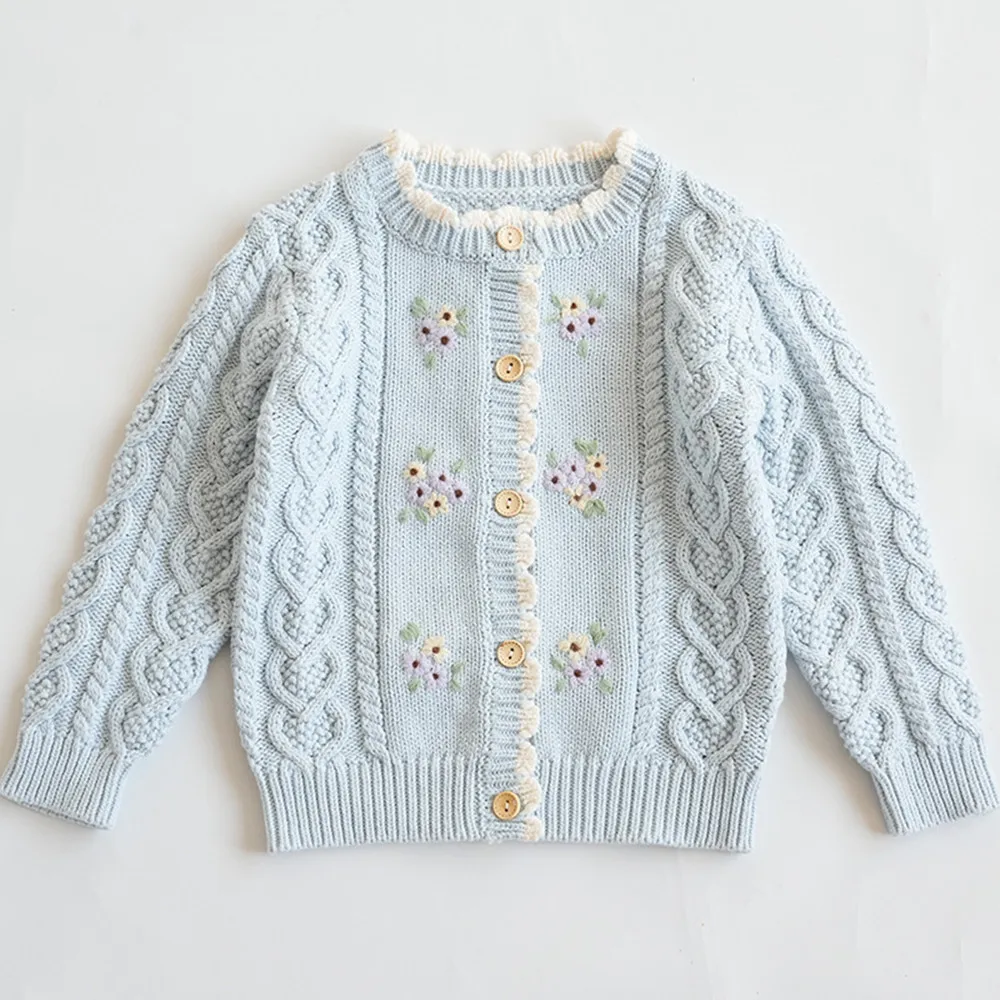 Abrigo de otoño para bebé, ropa infantil, estilo rústico francés, cárdigan de punto con bordado de flores retro, chaqueta azul dulce.
