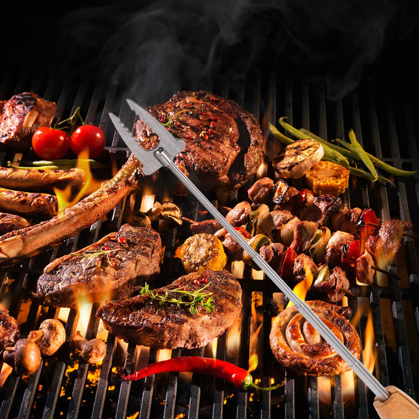 Stainless Steel Extendable BBQ Skewers for Marshmallows & Hot Dogs, Telescoping with Wooden Handle & Storage Bag