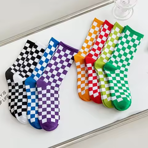 Women Socks Middle Tube Harajuku Street Fashion Funny Black White Squares Plaid Breathable Casual Girls Cotton Socks