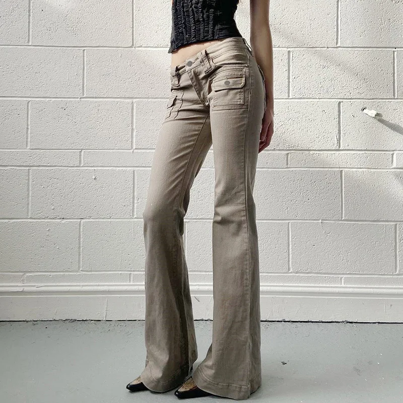 Personalized American Retro Workwear Style Pocket Denim Micro Flared Pants Design Distressed Low Waist Spicy Girl Casual Pants