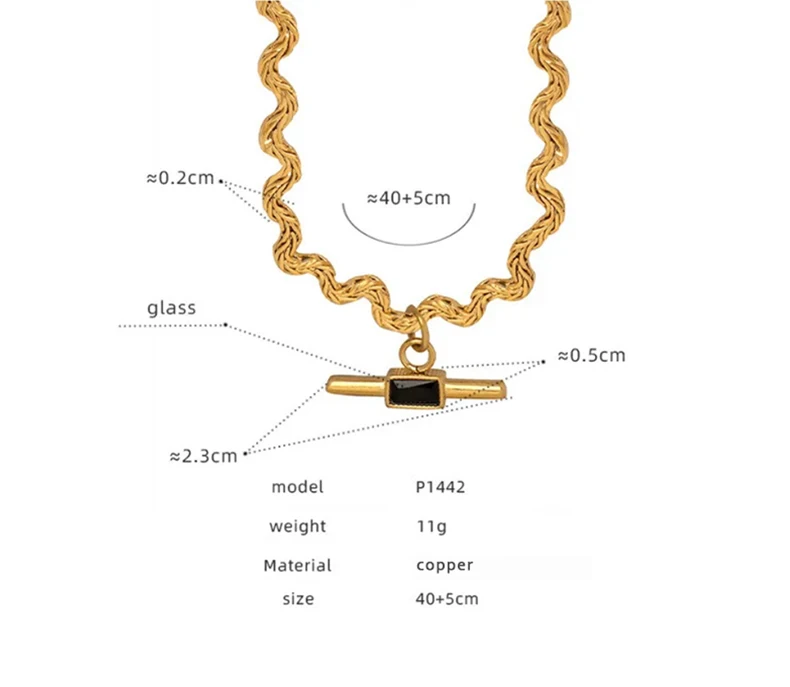 Einzigartige gewellte Linienform-Halskette für Frauen, 18 Karat vergoldet mit grünem schwarzem Glasstein-Anhänger, Damen-Halsketten – Detail 2