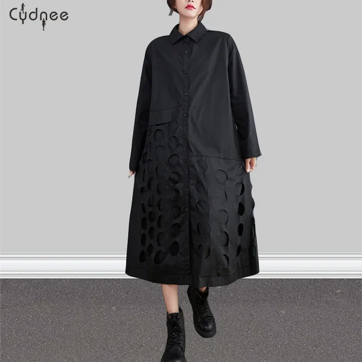 

Casual Womens Oversize Loose Lapel Collar Long Sleeves Maxi Dress Gown Top Polka Dot Hollow Oversized Shirt Dress Black Green