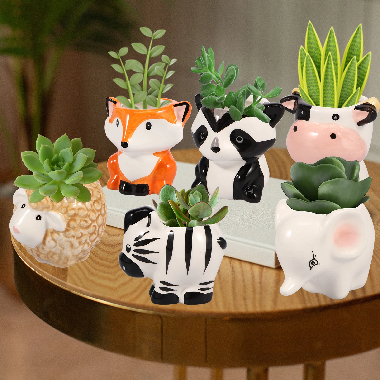6Pcs Animal Ceramics Planter Ceramic Succulent Pots with Drainage Hole Cute Cartoon Animal Shaped Succulent Planter for Home