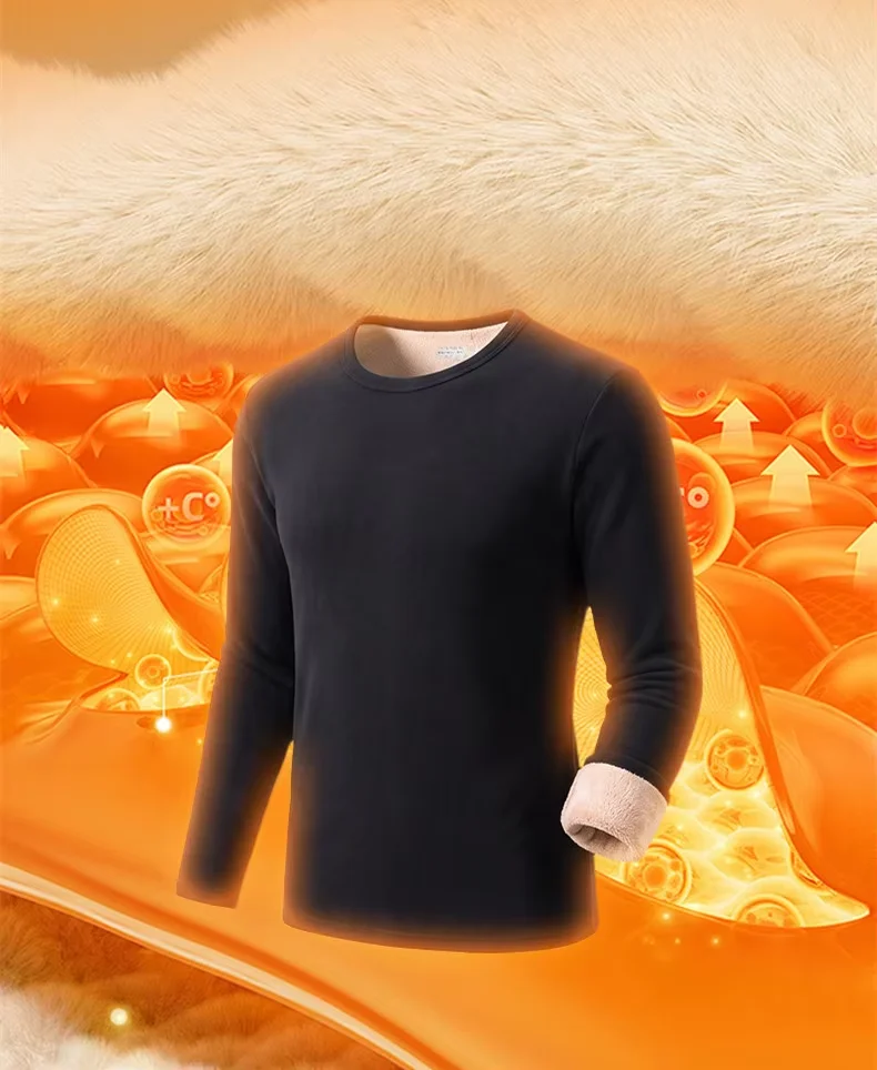 Herren Langarm-T-Shirt, Fleece-gefüttert, Verdickter Samt, Warm, Rundhals, Einfarbig, Dehnbares Basis-Shirt, Lässiges Winter-T-Shirt 6XL – Detail 4