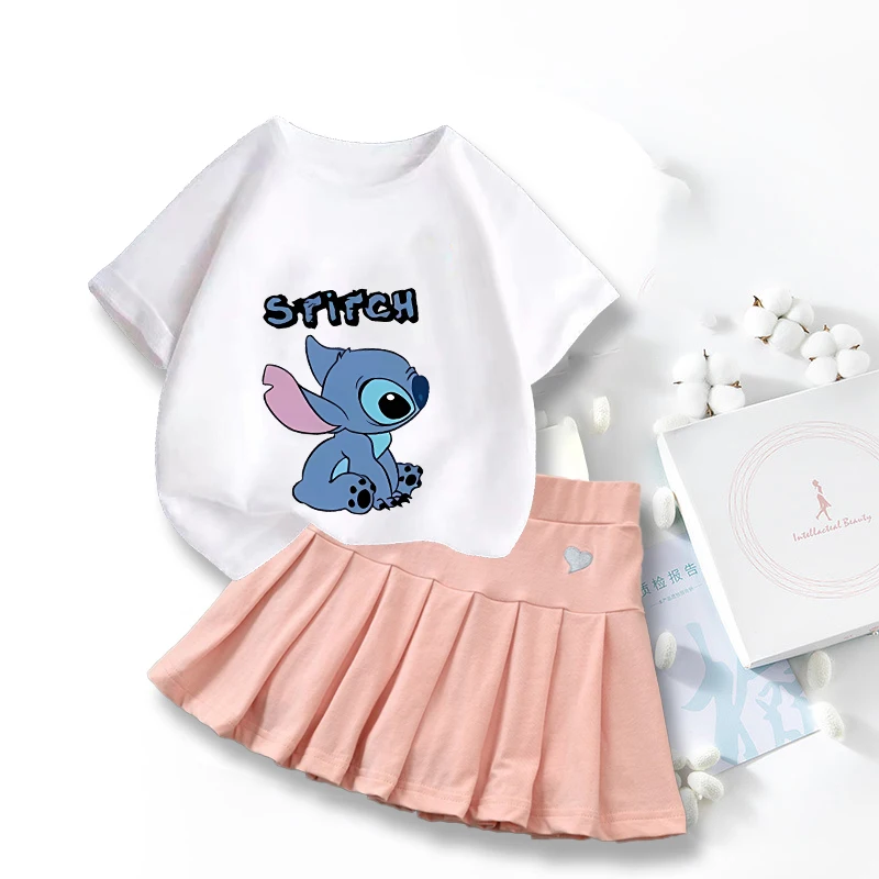 Disney Lilo&stitch Kids Girls Student Uniform Skirts T Shirt Pleated Culottes Child Summer Skirt with Inner Safety Pant Dress