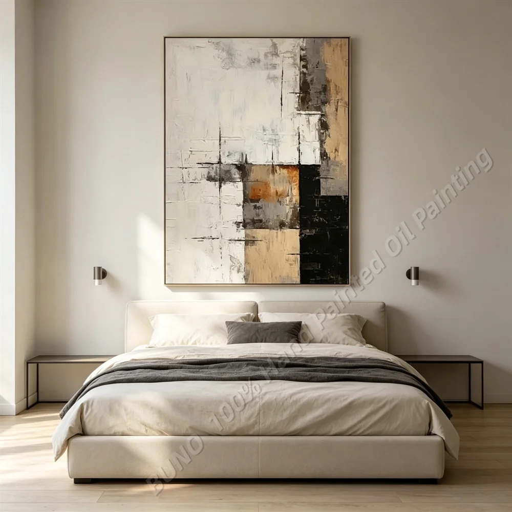 Hand Painted Abstract Oil Painting - Geometric Minimalist Canvas Wall Art Neutral Textured Decor for Home Living Room Bedroom