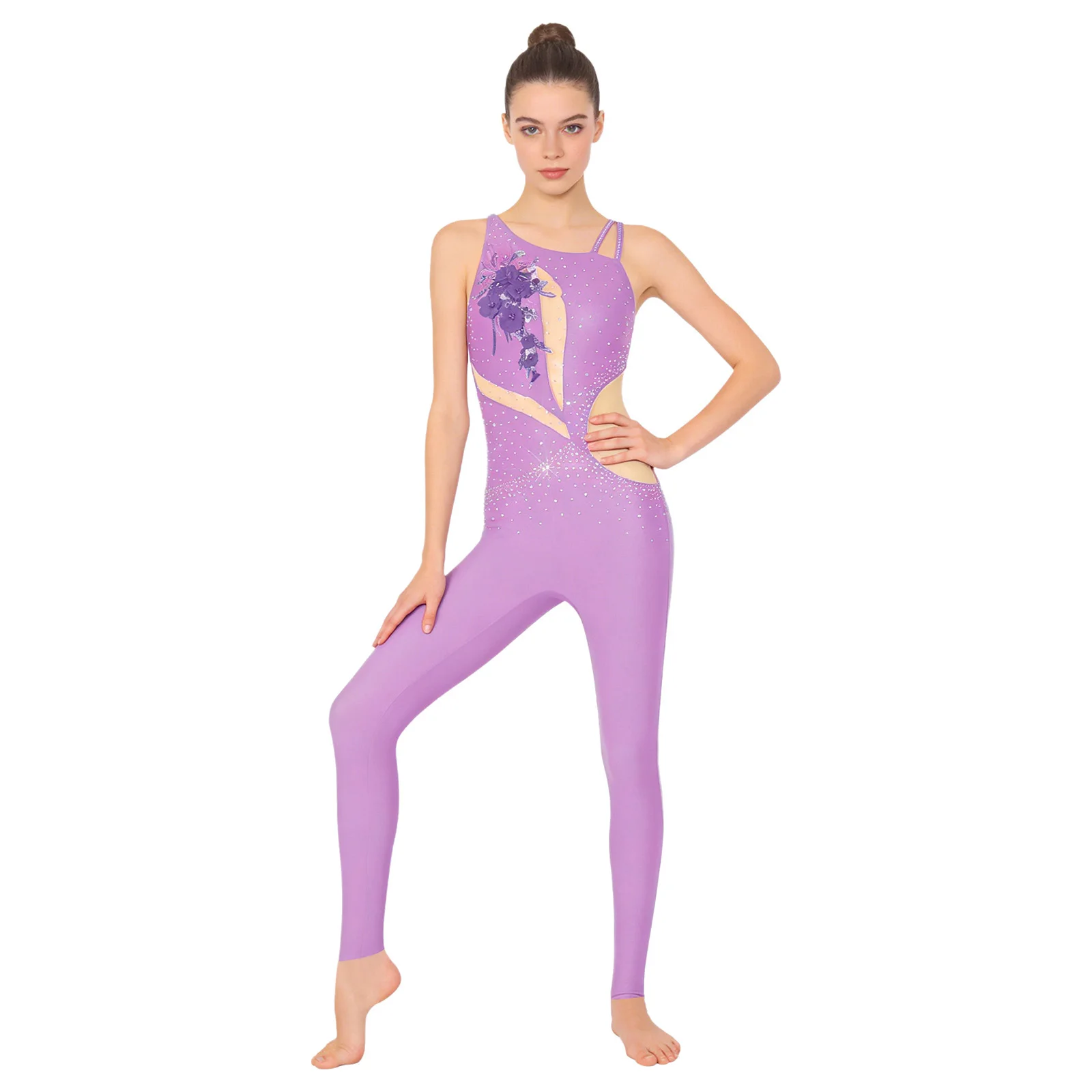 

Womens Gymnastics Unitard Bodysuit Embroidery with Applique Rhinestones Asymmetrical Shoulders Strappy Backless Legging Jumpsuit