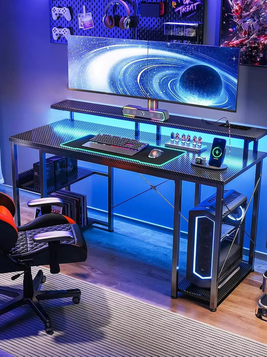 Coleshome Gaming-Schreibtisch mit LED, 120 x 50 cm großer Gaming-Tisch mit 2 Steckdosen und 2 USB-Anschlüssen, Computertische mit Regal für das Heimbüro, schwarze Kohlefaser