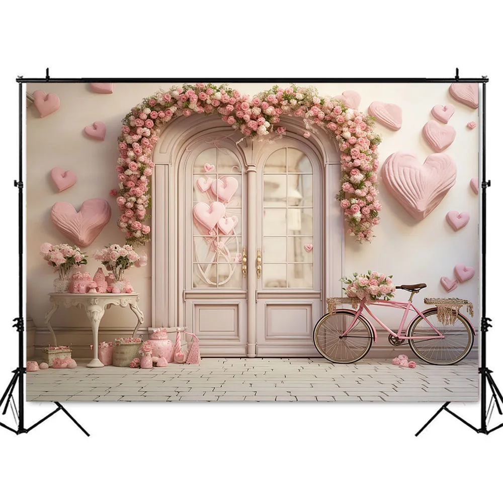 Pink Love Heart Valentine's Day Photography Backdrop Rustic White Door Kids Portrait Background for Photo Studio Photoshoot Prop