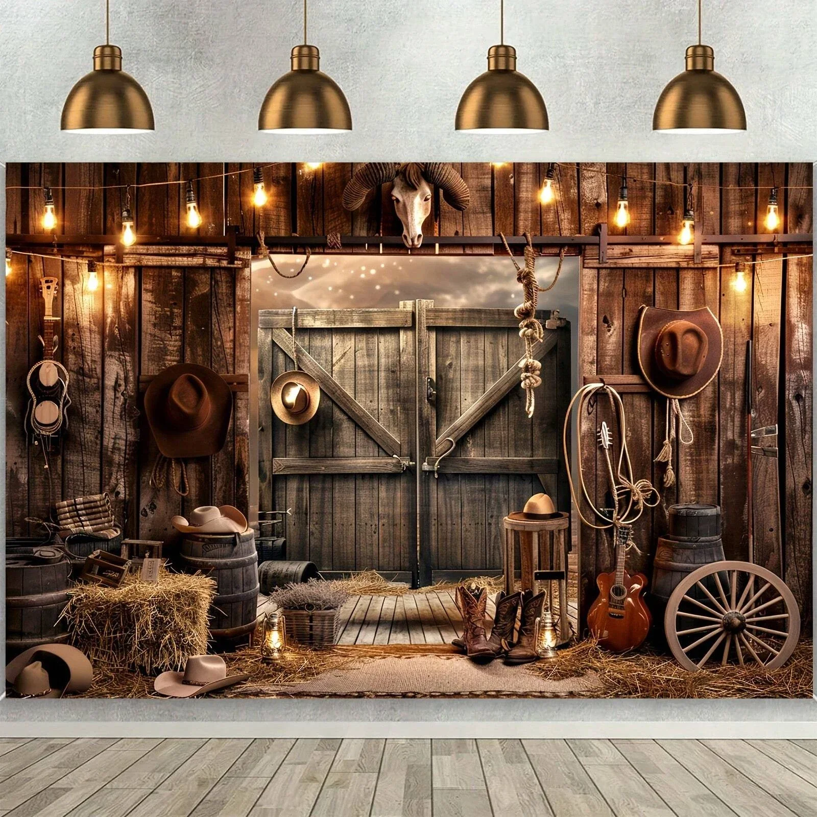 Western Cowboy Background Fabric Themed Party Decoration Wall Tapestry Retro Farm Straw Stable Wall Fabric Wall Hanging