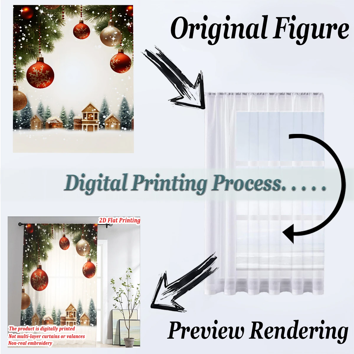 ستارة شفافة مطبوعة مسطحة لعيد الميلاد مع مدينة ثلجية لعيد الميلاد، لغرفة المعيشة وغرفة النوم وديكور النوافذ وأجواء الحفلات