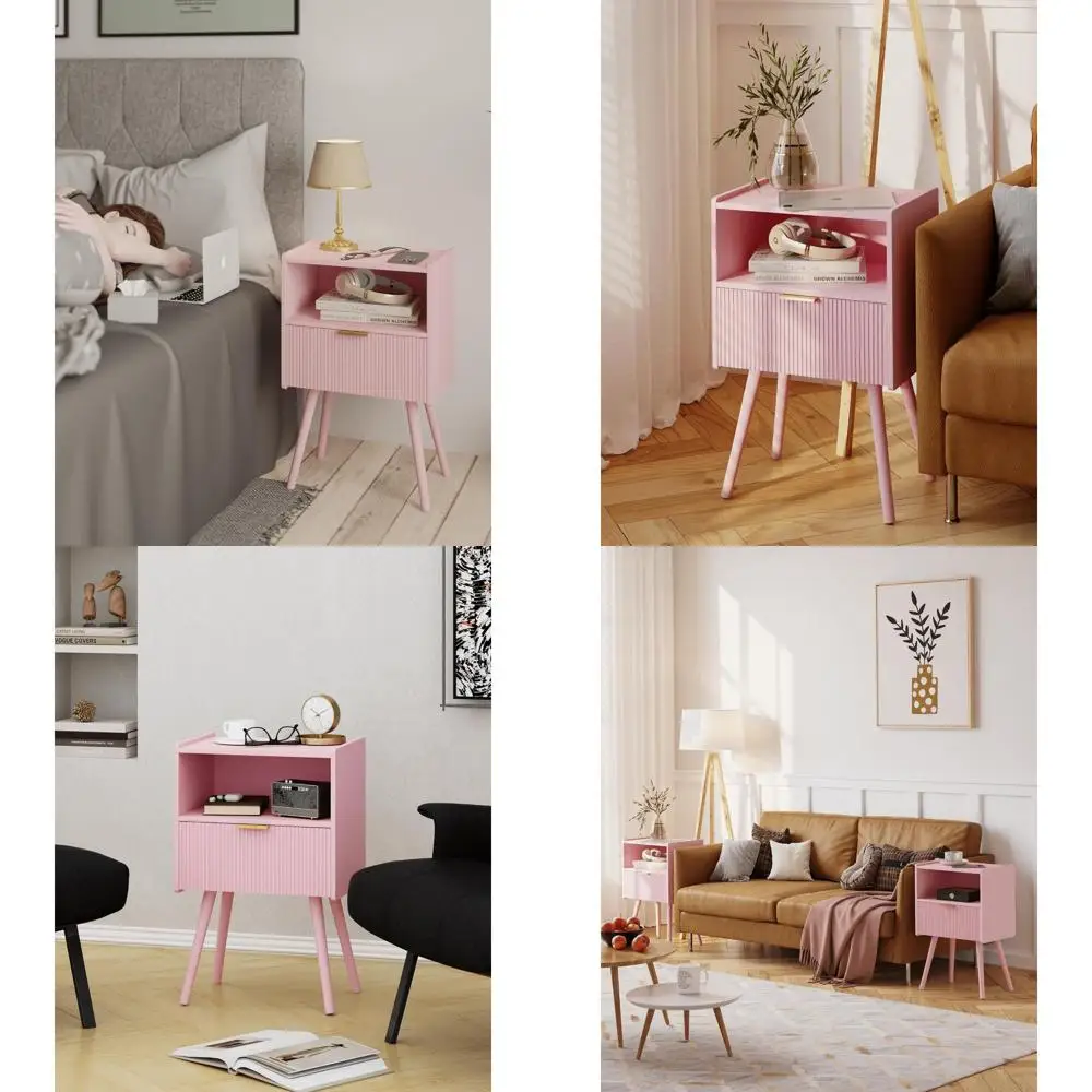 

Прикроватная тумбочка с открытой полкой, ножки из массива дерева, простая сборка, классический розовый цвет для гостиной, спальни и небольших помещений