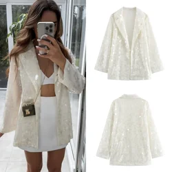 PB&ZA 2024 summer new women's fashion lapel long-sleeved tulle sequin inlaid casual open-front suit jacket